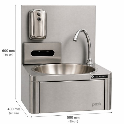 Lave-mains en Inox avec commande au genou, distributeur de savon et d'essuie-mains Référence : AMS54